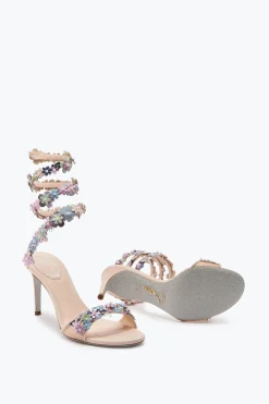 Sandale Roxanne rose poudré avec fleurs multicolores 80